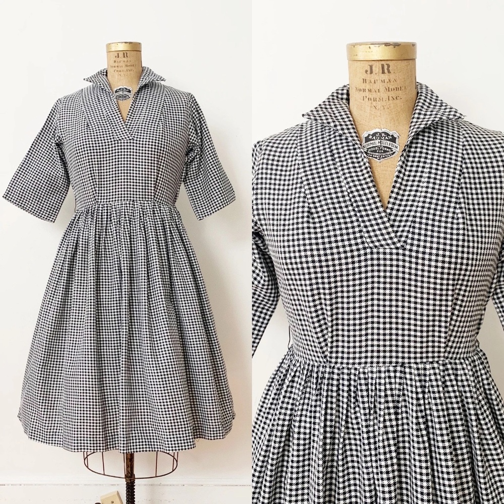 Vintage: 1950s / 50s Black and White Shepherd's Check Fit and Flare Dress